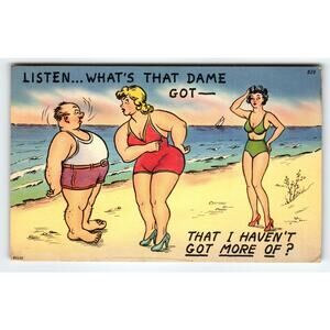 Vintage 1940s Linen Comic Postcard Beach Scene Divided Back